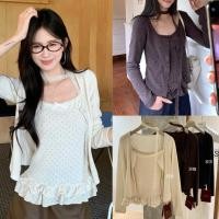 ราคา W7697 เสื้อสายเดี่ยวลายจุด แต่งชายระบายมาพร้อม เสื้อคลุม และผ้าลูกไม้พันคอ สีแมทซ์ง่าย แฟชั่นเกาหลี TAG WG WE (53851990292)