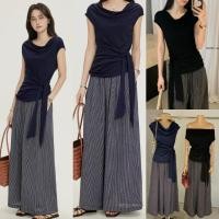 ราคา W8912 เซ็ท 2 ชิ้น เสื้อแขนกุด คอถ่วง ช่วงเอวแต่งผ้า มาพร้อมกางเกงขายาว ลายริ้ว แฟชั่นเกาหลี TAG WG WE (53705939066)