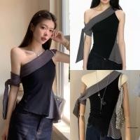 ราคา W5370 เสื้อปาดไหล่ แต่งผ้าลายริ้วช่วงไหล่ แล้วด้านข้างย ผ้แฟชั่นเกาหลี TAG WG WE (44200524388)