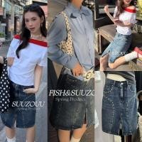 ราคา SU028 กระโปรงสั้นยีนส์ ผ่าหน้า แต่งหมุดเงิน งานเก๋มากๆค่า ผ้ายีนส์เนื้อดี แฟชั่นเกาหลี TAG MM Fish (43378294125)