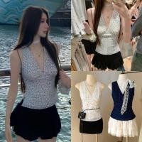 ราคา W3908 เสื้อแขนกุด ลายดอกไม้ มีเชือกผูกตรงช่วงเอว ทรงน่ารัก แฟชั่นเกาหลี TAG WG WE (28679806742)