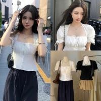 ราคา W3885 เสื้อแขนสั้น คอเหลี่ยม แขนตุ๊กตา งานแต่งผ้าลูกไม้และโบว์ แฟชั่นเกาหลี TAG WG WE (27380509435)