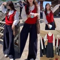 ราคา 9907 เซ็ท3ชิ้น เสื้อแขนยาวสีขาวผ้าฉลุ เสื้อกล้ามไหมพรมแดง กางเกงยีนส์ขายาวทรงขาบาน แฟชั่นเกาหลี TAG KOREA (42452461091)