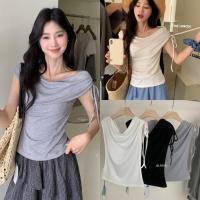 ราคา 8760 เสื้อปาดไหล่ คอถ่วง ผ้ายืด ดีเทลจับจีบช่วงไหล่ แต่งเชือก แฟชั่นเกาหลี TAG KOREA (40902898527)