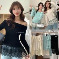 ราคา 6811 เสื้อปาดไหล่ ผ้าทอเนื้อนิ่ม ชายเสื้อแต่งผ้าลูกไม้ แฟชั่นเกาหลี TAG KOREA (27329757594)