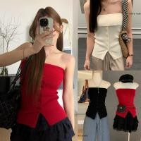 ราคา W6759 เกาะอกผ้าทอเนื้อนิ่ม ด้านหน้าแต่งกระดุมยาว ผ้ายืดหยุ่นได้ดี แฟชั่นเกาหลี TAG WG WE (42114139374)