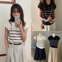 ราคา W5319 เสื้อแขนเปิดผ้าทอเนื้อนิ่ม คอปก ลายขวาง ปักโลโก้ช่วงอก ผ้แฟชั่นเกาหลี TAG WG WE (29186495169)