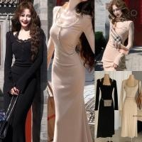 ราคา W8114 เดรสยาว แขนยาว คอกว้างแต่งผ้าลูกไม้คล้องคอ แต่งกระดุม ช่วงเอวจับจีบ แฟชั่นเกาหลี TAG WG WE (54403453893)