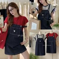 ราคา Y6799 เอี๊ยมกระโปรงยีนส์สีสวย มาพร้อมเสื้อแขนสั้น ลายทางและสีแดง แฟชั่นเกาหลี TAG KOREA (40002244641)