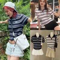 ราคา W6016 เสื้อคอปก ลายขวาง แต่งกระดุม ตัดสีสวย สไตล์เกาหลี ผ้าแฟชั่นเกาหลี TAG WG WE (42607648602)