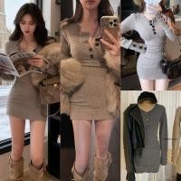 ราคา W8570 เดรสสั้นคอกลม แขนยาว ผ้าทอแต่งกระดุม ช่วงคอและปลายแขน แฟชั่นเกาหลี TAG WG WE (24497904051)