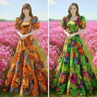 ราคา P31 P44 เดรสลายนกยุง แขนพอง สีสันสดใส กระโปรงระบาย 3 ชั้น อก 32 42 นิ้ว ยาว 55 นิ้ว ไซด์ SS S M L (45106302890)