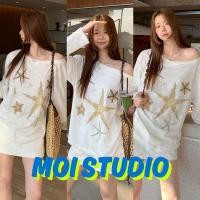 ราคา MOI พร้อมส่ง เกาหลีสไตล์ เสื้อแขนยาวปาดไหล่ผ้าซีทรู OVERSIZE สาวร้อนแรง เสือใส่สบาย พิมพ์ลาย Starfish (54205851696)