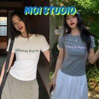 ราคา MOI พร้อมส่ง แฟชั่นทรงเข้ารูปผู้หญิง เสื้อยืด baby tee ผ้าCOTTON โคตรนุ่ม เสื้อคอกลม พิมพ์ลาย CHARM PARIS (51306034288)