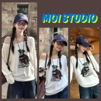 ราคา MOI พร้อมส่ง เสื้อน่ารักเกาหลีสไตล์ เปิดไหล่ แขนยาว ผ้าฝ้ายแท้ ไม่ต้องรีด เสือใส่สบาย พิมพ์ลาย BANQUET DOG (48404738905)