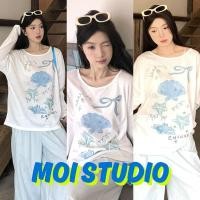 ราคา MOI พร้อมส่ง เกาหลีสไตล์ เสื้อแขนยาวปาดไหล่ผ้าซีทรู OVERSIZE สาวร้อนแรง เสือใส่สบาย พิมพ์ลาย ENTUNEI Shell (48005869339)