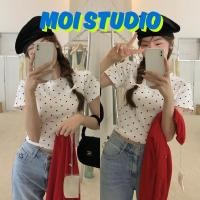 ราคา MOI เสื้อยืด แขนสั้น เสื้อยืดทรงผู้หญิง ลายจุดขาวดำ วินเทจ สไตล์เกาหลี สีขาว ส่งจากไทย (43718387023)