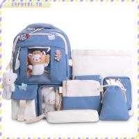 ราคา zephyr1 th 5 ชิ้น เซ็ตผู้หญิงกระเป๋าเป้สะพายหลังไนลอนกระเป๋าเดินทาง Bookbags พร้อมจี้ตุ๊กตา Pins สีฟ้า (58107200364)