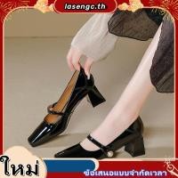 ราคา แฟชั่นใส่สบายหนังสิทธิบัตรมันวาวส้นหนาหัวเหลี่ยมสายรัด5ซม รองเท้าส้นสูงผู้หญิง (53607787047)