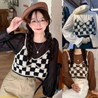 ราคา Time ผู้หญิงฤดูใบไม้ร่วงแขนกุดโครเชต์ถัก Crop Checked ลายสก๊อตดอกไม้สปาเก็ตตี้ V คอ Camisole ลําลองหลวม Min (56707315845)