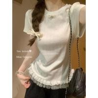 ราคา สีขาวคอกลมแขนสั้นผู้หญิงลูกไม้โบว์เอวบางด้านบน (56455315583)