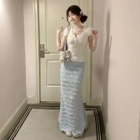 ราคา กระโปรงลายพิมพ์ดอกไม้สีฟ้า ทรงสแล็ก กระโปรงยาว (49106973573)