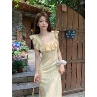 ราคา เดรสลายดอกไม้ใบบัว สีเหลือง สไตล์วินเทจ ทรงเอวอารมณ์ เหมาะสำหรับวันหยุด (46605449992)