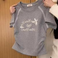 ราคา เสื้อแขนสั้นวิทยาลัย สไตล์เอวตัด ลายปักจดหมาย โบว์ไม้เรียบ สำหรับผู้หญิงแฟชั่น (44905405249)