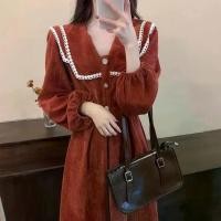 ราคา เดรสปก สายเอว เดรสผ้าลูกฟูกยาว (44855463179)