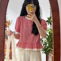 ราคา ลูกไม้ลายสก๊อตฝรั่งเศสเสื้อฟองฤดูร้อนลูกไม้ใหม่หลวมแขนสั้นตุ๊กตาลดอายุด้านบน (42208796653)