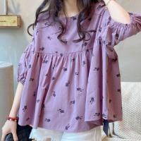 ราคา เสื้อท็อปส์ฤดูใบไม้ผลิฤดูร้อนรอบคอเสื้อสวมหัวแฟชั่นแขนโคมไฟปุยดอกไม้ผ้าฝ้ายผ้าลินินเสื้อผู้หญิง (27331030258)