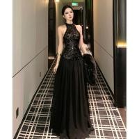 ราคา ชุดปาร์ตี้สีดำแบบเซ็กซี่ halterneck กระโปรงยาว A line แขนกุด ประดับ sequin สำหรับผู้หญิง (55801449324)