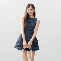 ราคา ชุดสตรีสไตล์เกาหลีใหม่ อินเทรนด์ Street สีน้ำเงินเข้ม พอลค้าดอต ทรงกระโปรง A line แขนกุด สแลมม์ fit (56707666349)