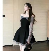 ราคา ชุดปาร์ตี้แบบฝรั่งเศสสำหรับผู้หญิง ชุดชีฟองสีดำแขนยาวทรงเอ ดูเรียบหรูกะทัดรัด (56557867001)