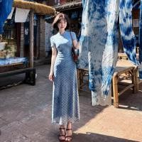 ราคา 2026 ฤดูร้อนสไตล์ใหม่วันหยุดท่องเที่ยวย้อนยุคสีฟ้าลายจุดกระโปรงยาวผู้หญิง ผอมลง ดูยืดหยุ่นคอกลมแขนสั้นกลางความยาวชุดแน (55307011777)