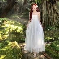 ราคา กระโปรงยาวสไตล์โบฮีเมียน สีเบจ chiffon สำหรับวันหยุด เดรสแขนกุด มีลายตาข่ายและลูกปัดรอบคอดูเซ็กซี่ (53407611438)