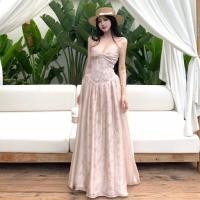 ราคา กระโปรงยาวสไตล์เกาหลี สีชมพู ชีฟองสลิง สำหรับผู้หญิง ทรงเพรียวบาง คอวีแขนกุด ลายลูกไม้ (53307102680)
