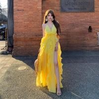 ราคา ชุดกระโปรงยาวสีเหลืองชีฟอง V คอ Armsleeve Halter Neckline สำหรับฤดูร้อน (48307040138)