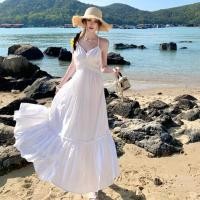ราคา Bohemian Travel Vacation Off สีขาวชีฟองสลิงกระโปรงยาวSlimmerดูยืดหยุ่นVคอHalterลูกไม้เย็บกลางความยาวA Lineชุด (45407397566)