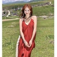 ราคา กระโปรงยาวชีฟอง สไตล์เกาหลี sexy สำหรับวันหยุดท่องเที่ยว ทรงหลวม คอวี แขนกุด (45257752119)