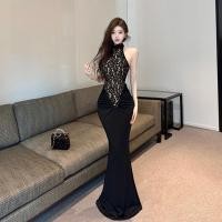 ราคา ชุดกระโปรงยาวสีดำ แขนกุด สำหรับผู้หญิง ออกแบบพอดีตัว มีลูกไม้และเชือกแขวนคอ ตกแต่งย voluminous hips (43706754894)