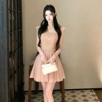 ราคา เวอร์ชั่นเกาหลีพรรคเซ็กซี่สีชมพูชีฟองสลิงชุดสตรี ผอมลง ดูยืดหยุ่นลูกไม้เย็บแขนกุด ก เส้น ชุด (29694393087)