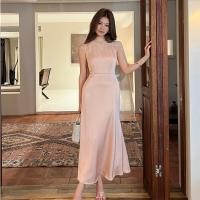 ราคา ชุดกระโปรงยาวสไตล์เกาหลีสีชมพูซาตินสำหรับผู้หญิง สยบทรวดเพิ่มความเซ็กซี่ ไม่มีแขน (24898054218)