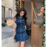 ราคา ชุดสตรีสไตล์เกาหลีฤดูร้อน ลาย Blue Denim ทรงslimmer ปุกระดุมเดียว แขนกุด (50007148576)
