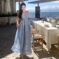 ราคา กระโปรงยาวสีฟ้าสไตล์โบฮีเมียนสำหรับผู้หญิง ทำจากผ้าชีฟอง สไตล์เซ็กซี่ ออกแบบเพื่อเน้นสรีระ แขนกุด ทรงเอ (29094438790)