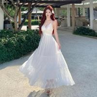 ราคา ชุดเดรสยาวสไตล์โบฮีเมียนสีเบจ ลายลูกไม้ พอดีตัว คอวีแขนสั้นสำหรับผู้หญิง (53006641138)