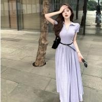 ราคา กระโปรงยาวสำหรับผู้หญิง สไตล์เกาหลีฤดูร้อน สีเทา แขนสั้น มีเข็มขัดตกแต่ง ออกแบบมาเพื่อดูผอมบางและยืดหยุ่น (46957495484)