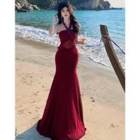 ราคา กระโปรงยาวชีฟอง halter neck สีแดงเซ็กซี่ แขนกุดความยาวระดับกลาง เพรียวบางและยืดหยุ่น เหมาะสำหรับไปเที่ยวทะเล (41179445551)