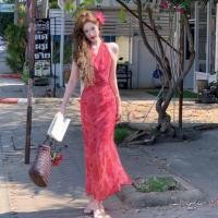 ราคา กระโปรงชีฟองยาวลายดอกไม้สีแดง แขนกุด ทรงรัดรูป สำหรับวันหยุดและท่องเที่ยว (56356932991)