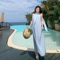 ราคา กระโปรงยาวสไตล์โบฮีเมียน สีฟ้า ผ้าชีฟอง แขนกุด ระบายรอบคอ (48106643399)